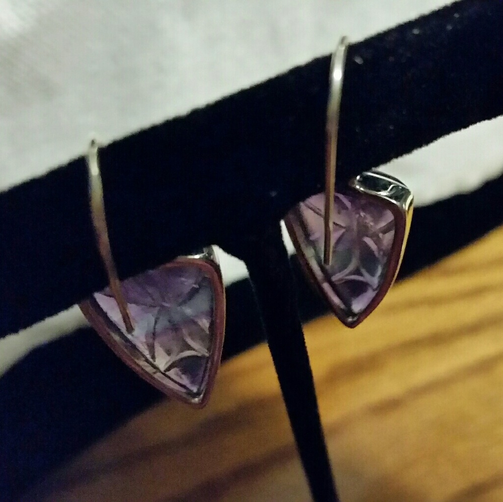 .925 Silver Hand Carved Rainbow Flourite Earrings - Picture 3 of 5